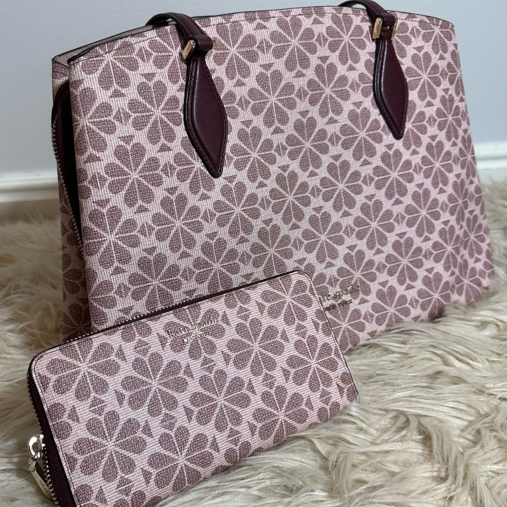Kate Spade Flower Coated Canvas Zeezee Medium Work Tote Bag & wallet PinkMauve